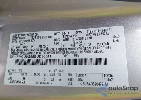 2014 Ford Escape Se z USA, uszkodzony, nr VIN 1FMCU9G95EUD36541